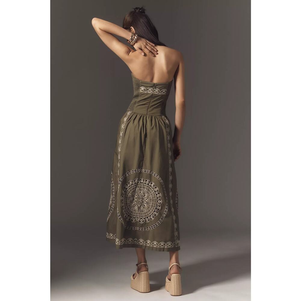 New Anthropologie Strapless Drop-Waist Embroidered Midi Dress $268 Large Olive - Picture 3 of 8